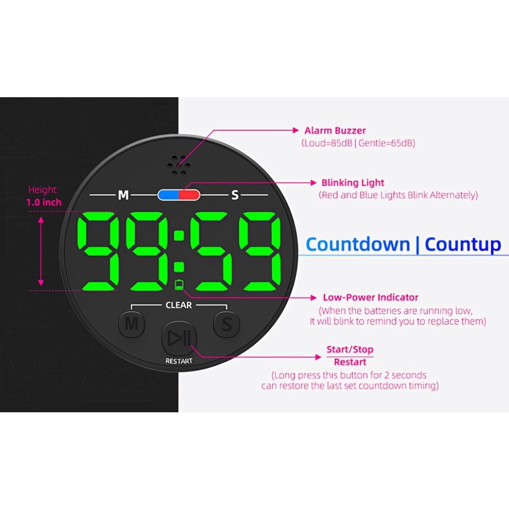Magnetische digitale afteltimer, compact voor op het bureau, groot LED-display, luid alarm, voor het koken van eieren in de keuken, focus in de klas, taakbeheer