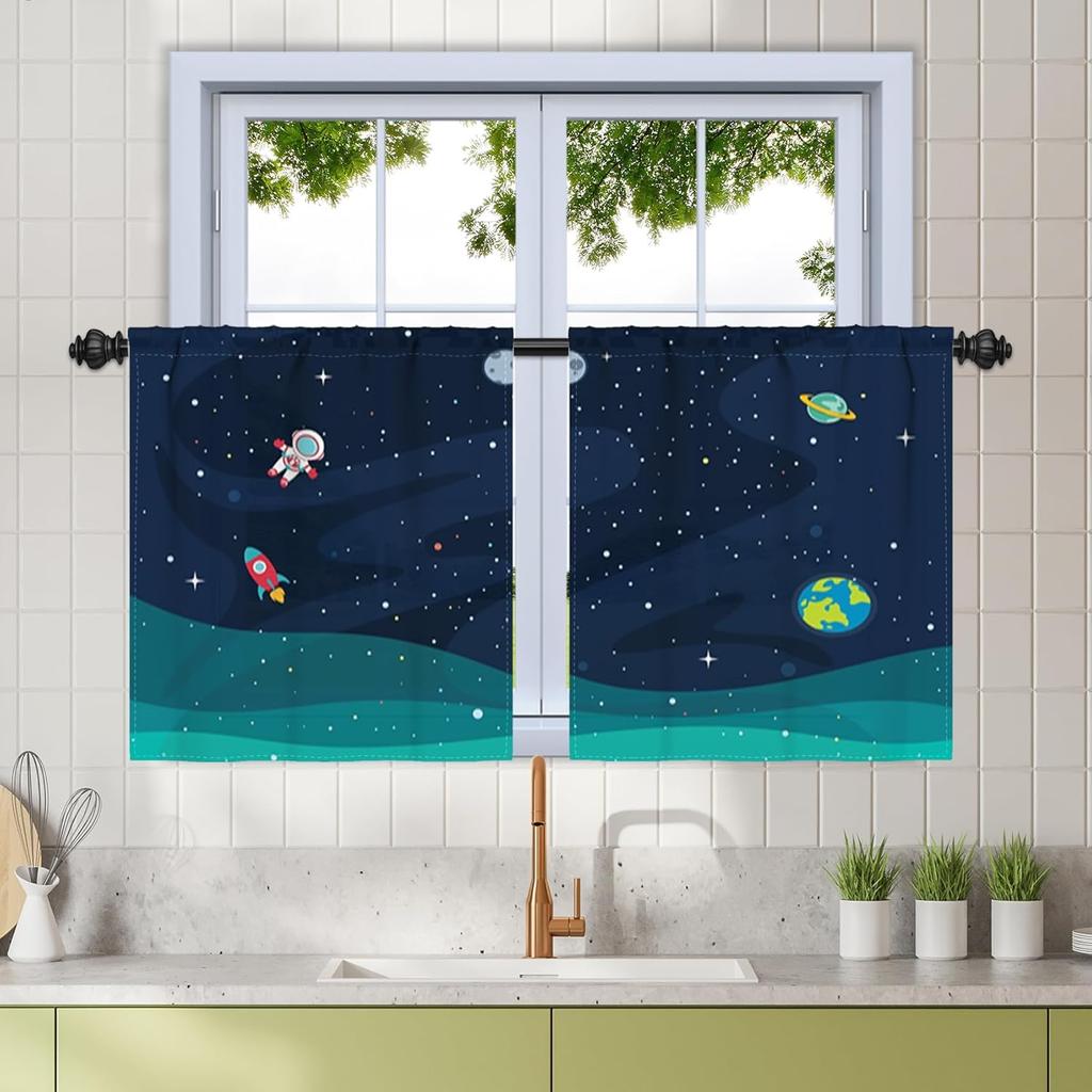 Cartoon Space Blackout Curtains For Kid Boy Bedroom Study Game Room Rocket Planet Solar System Blue Linen Window Treatment
