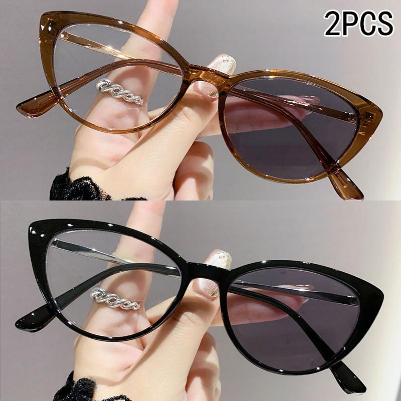 2PCS Light-sensitive color-changing cat eye style retro trendy non-face slimming flat light glasses high-end myopia glasses