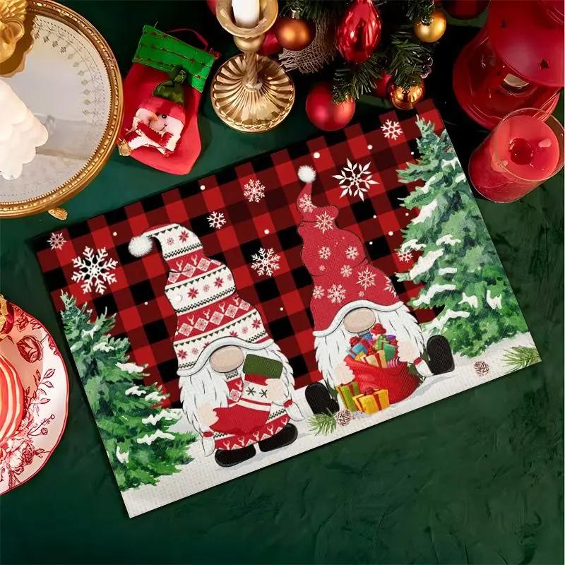 1PC Christmas Placemats Linen Christmas Trees Snowflake Gnome Print Table Mats Xmas Table Pads for Home Hotel