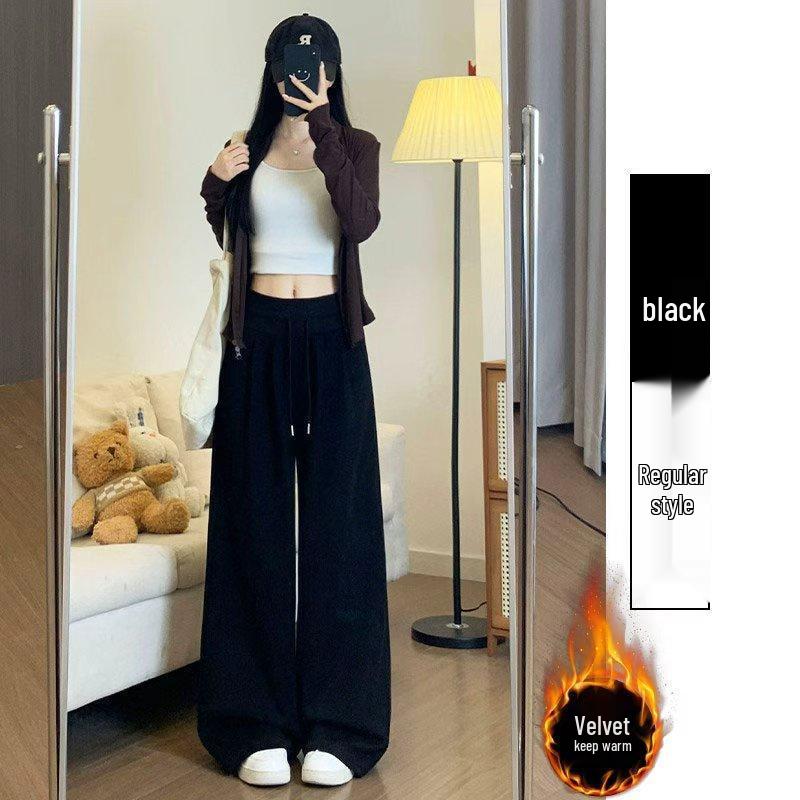 Women's Plus Velvet High-Waisted Wide-Leg Pants - Autumn/Winter Thickened Curve Drape Casual Wear