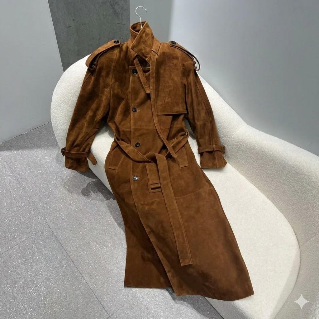 Women's Brown Handmade Trench Coat Party Genuine Casual Suede Lambskin Leather