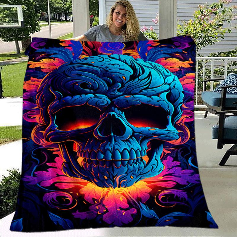 1pc Skull Printing Lightweight Flannel Blanket, Comfortable and Warm Blanket, for Camping Sofa Bed and Couch Office, Gift