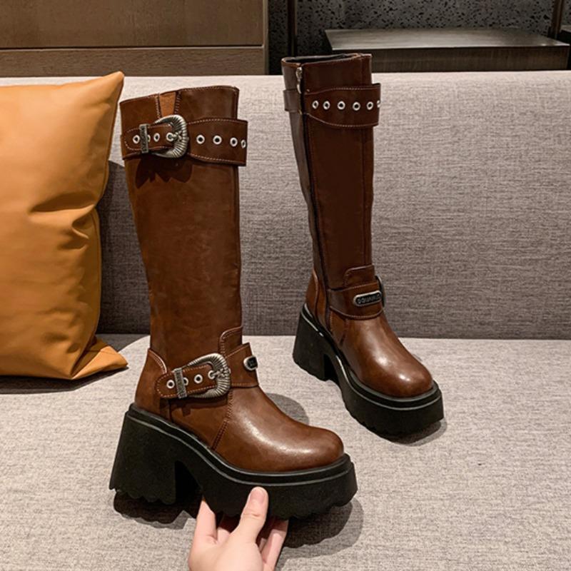 Fashion Women's Thick Heel Cotton Boots New Winter Round Head Side Zipper Rivet Metal Belt Buckle Thick Sole Non-slip Boots