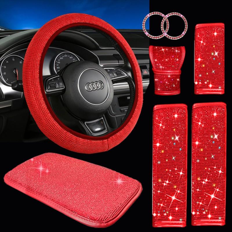 8-Piece Car Interior Set Steering Wheel Cover Seat Belt Pads Armrest Pad Gear Shift Knob Handbrake