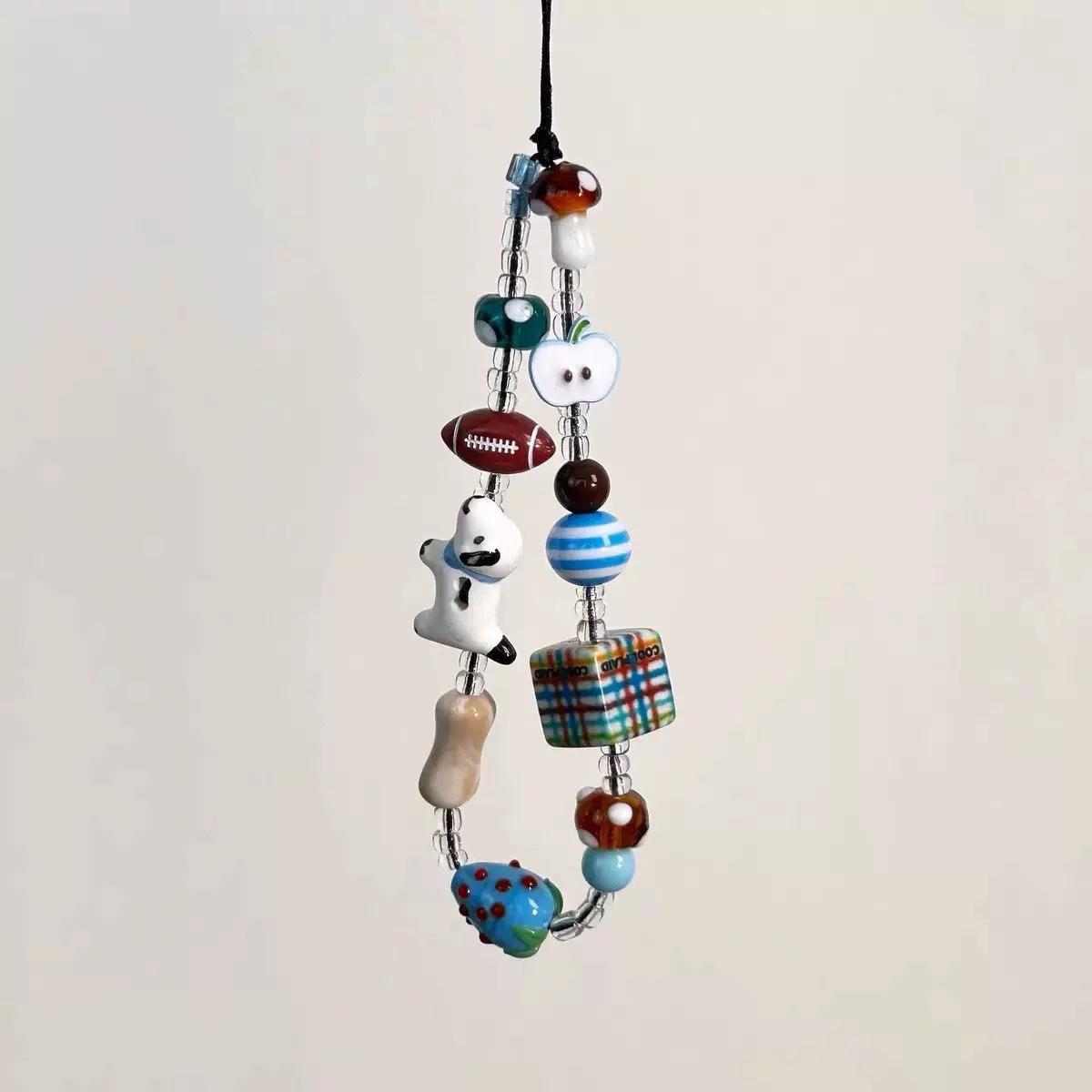 Квадратный керамический щенок ручной работы, цепочка для телефона на руку с бусинами, подвеска-камера Gubon, брелок для сумки Ins 【Blue and black ceramic