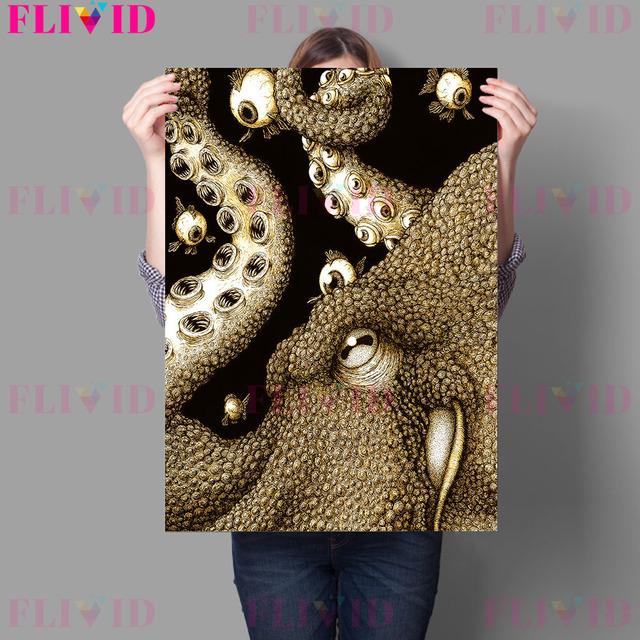 Oktopus-Hand, mysteriöser Blitzfisch, Retro-Wandölgemälde, einäugiger Vogel und unsterbliche Maus, Kunstposter