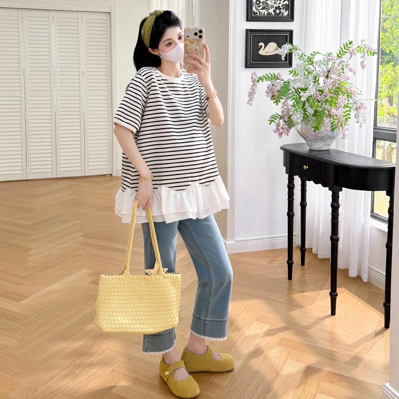 2026 Summer Striped Patchwork Plus Size Short Sleeve Doll T-shirt Extra Large
