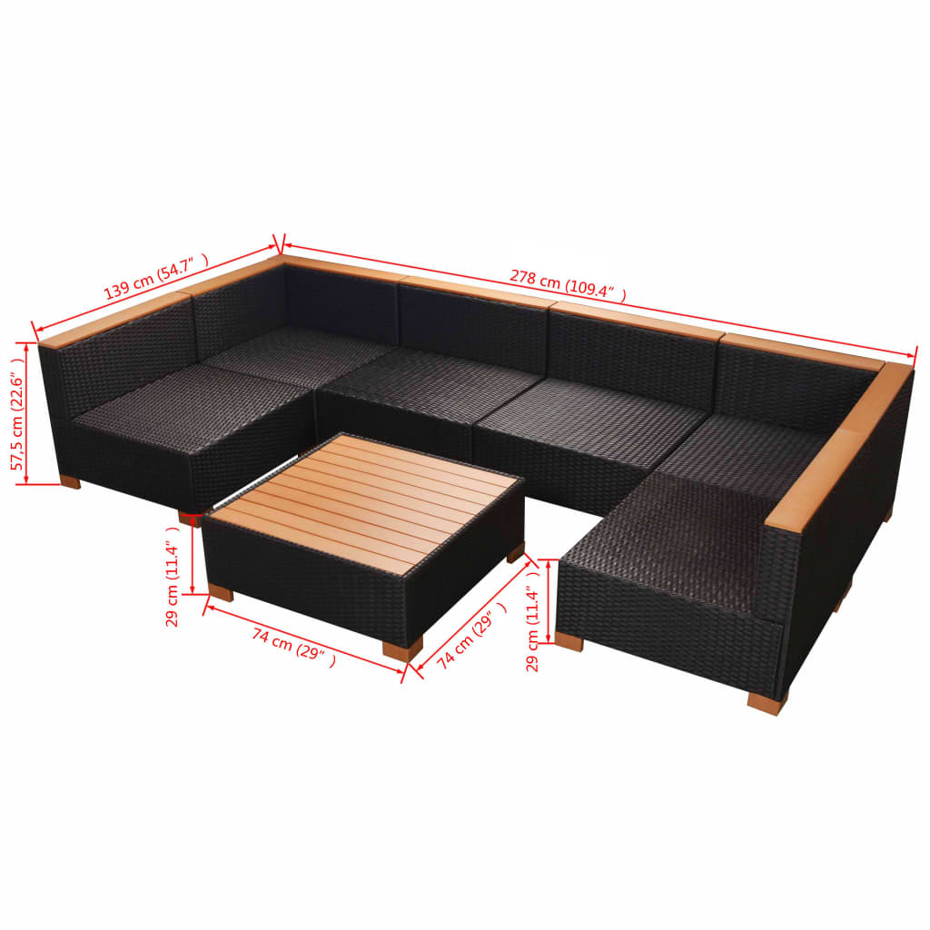 7 piece garden lounge set with cushions poly rattan black
