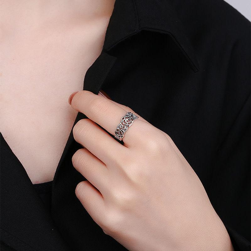 925 Sterling Silver Rose Pattern Vintage Open Ring