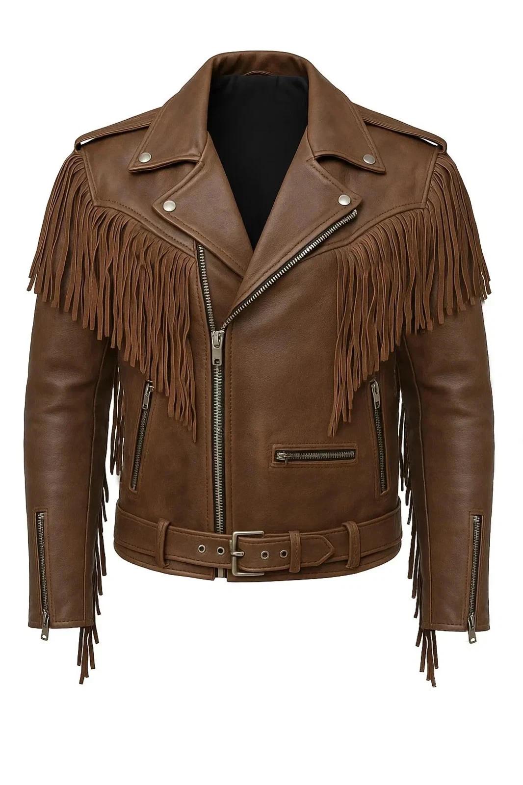 

Коричневая мужская куртка с бахромой из натуральной кожи ручной работы, мотоциклетная, байкерская, из овчины, повседневная, стильная 3XL коричневый