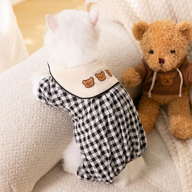 Cute Cat Winter Thickened Quad Bear Lapel Plaid Cotton Coat Small Dog Dog Pet Clothes