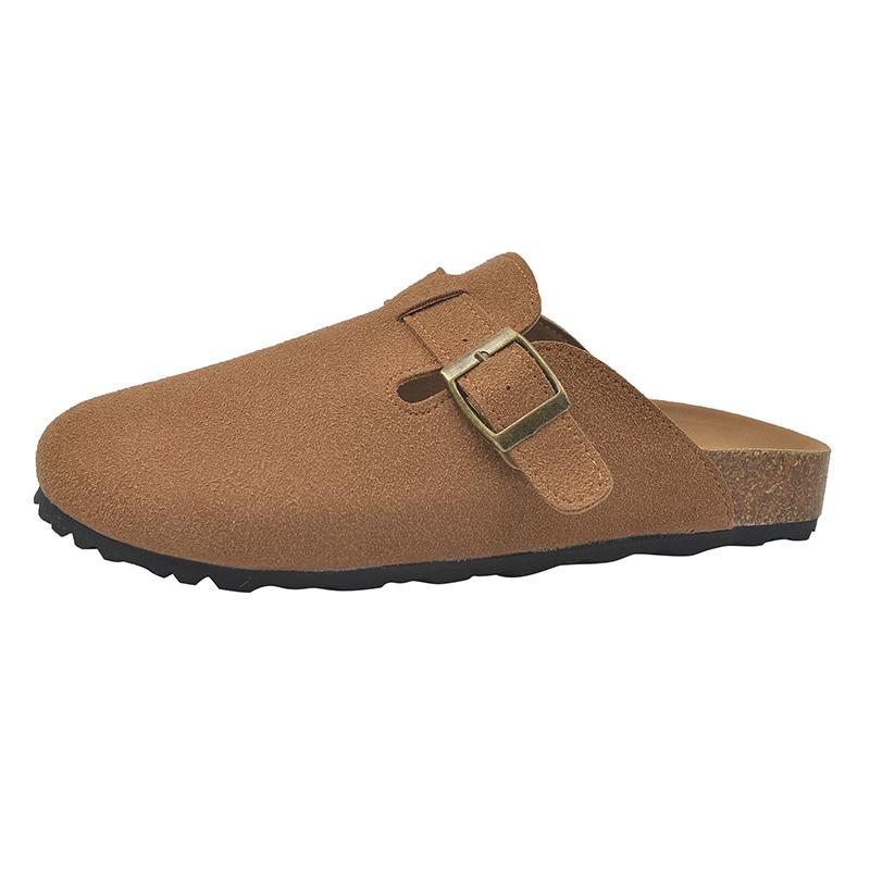 Fashion Slippers Leather Women Loafers Soft Wood Sole Clip-on Vulcanized Slides Women Eva Outsole Arch Support Loose-fit Slippers Woman