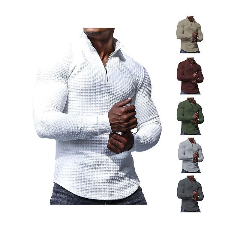 Men's spring and autumn small checkered sweater stand-up collar half-section zipper long-sleeved jacquard men's tops are trendy and versatile