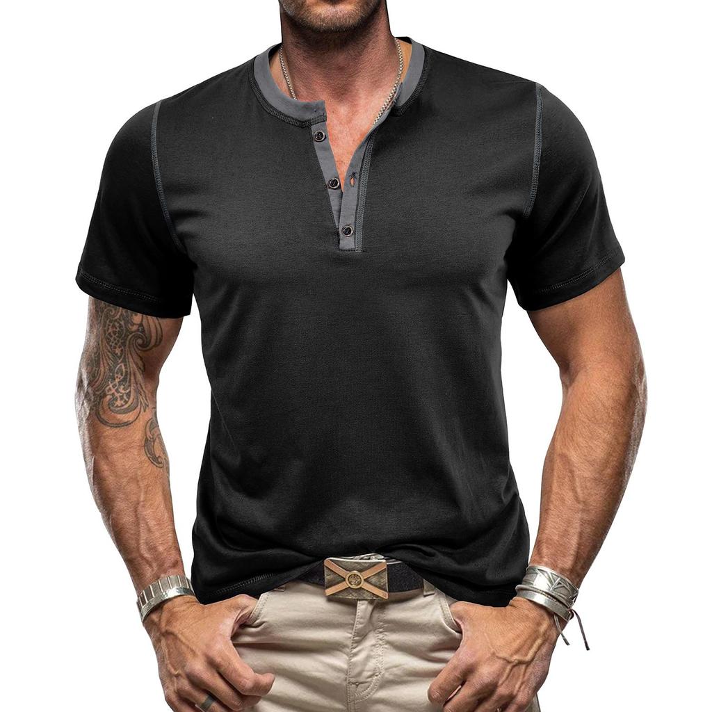 Top da uomo Henley Henley Maniche corte Cotone Girocollo Color block Traspirante T-shirt quotidiane Estate Vacanze primaverili Abbigliamento casual da uomo