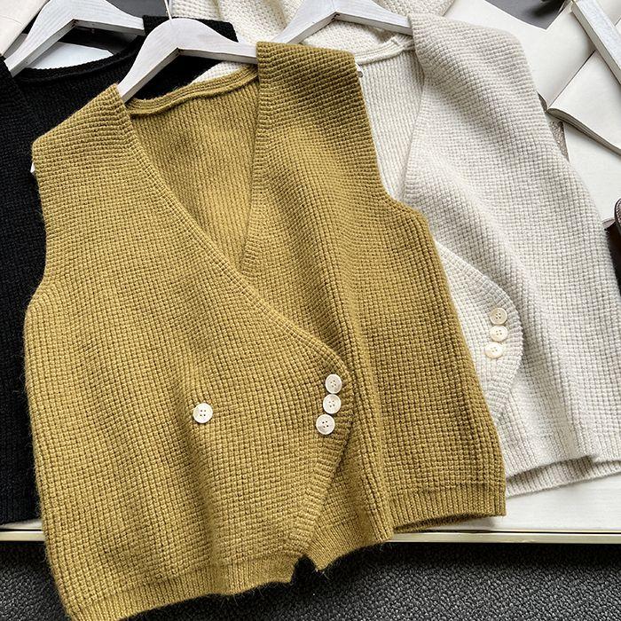 Unregelmäßige Strickweste Cardigan Damen Frühling und Herbst Locker sitzendes und ärmelloses Design mit einem Nischen-V-Ausschnitt Strickweste Damen