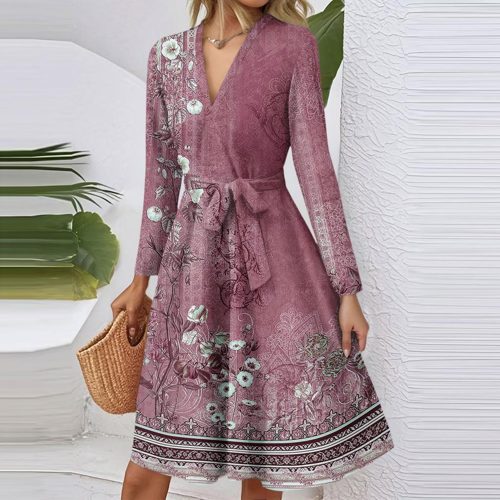 Women's Fashion Casual V-Neck Long Sleeve Waist Retro Printed Midi Dress