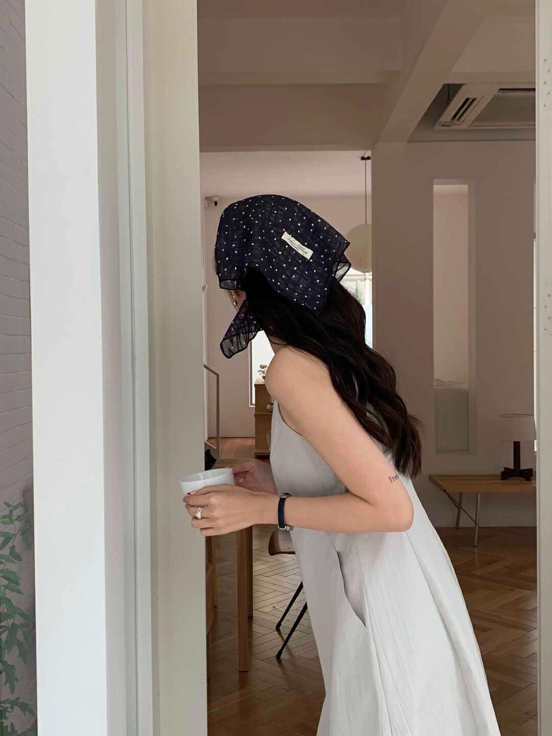 

French White Polka Dot Headscarf Silk Scarf Female Cute Sweet And Playful High-End Small Square Scarf Idyllic Retro Versatile 68-68