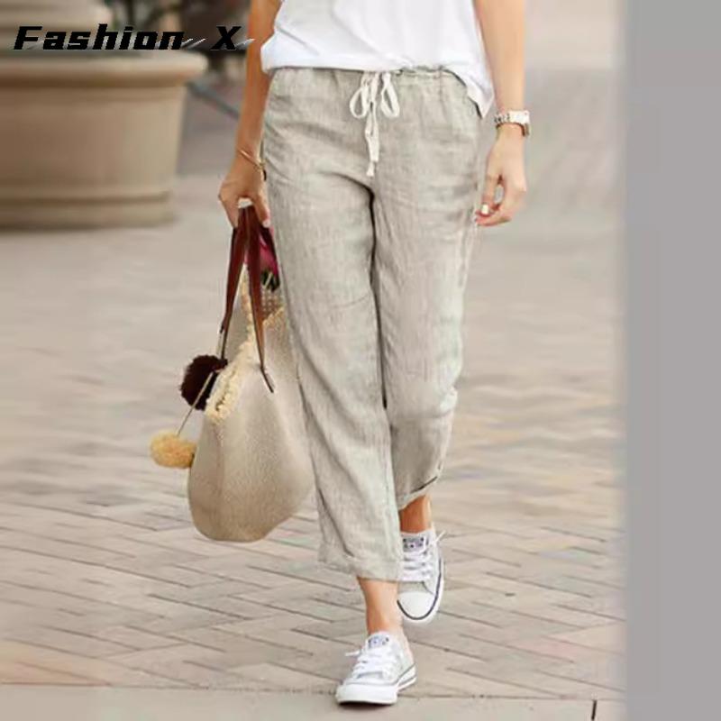 Fashion Women's Pants Cotton Linen Pants Drawstring Loose Large Size Pants Ladies Black Bottom Pants 695