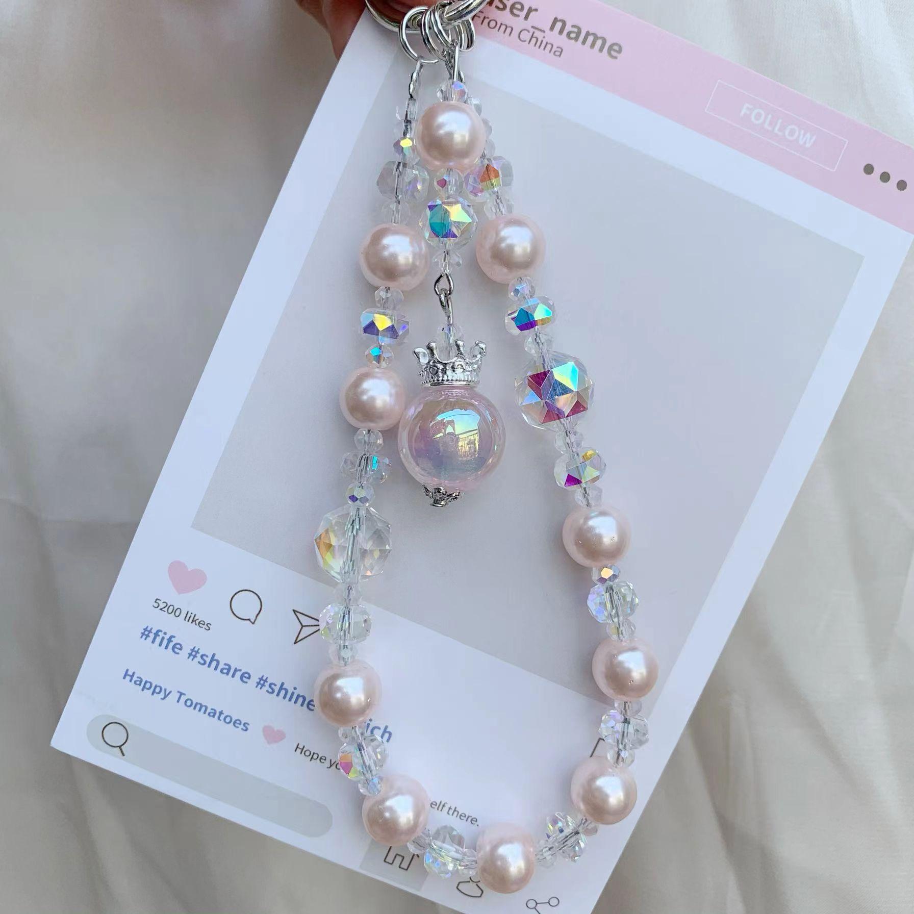 Luxury Pearl Crown Pendant Mobile Phone Chain Crystal Beaded Mobile Phone Case Lanyard Bag Keychain Lanyard Female