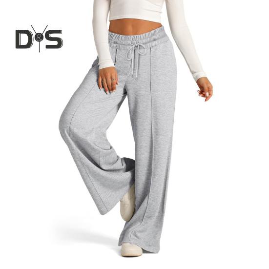 Damen Freizeithose, elastische hohe Taille, verstellbarer Kordelzug, gerade Hose mit weitem Bein und Taschen, einfarbig, lange Hose