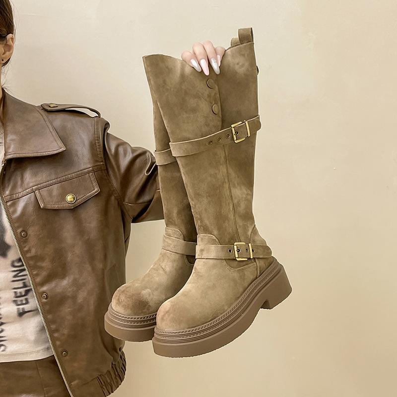 Piaohong versatile retro style thick-soled heightening medium boots for women's 2025 autumn and winter new buckle thick heel two-wear fashion boots