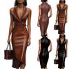Robe Midi Sans Manches en Similicuir avec Col à Revers et Taille Ceinturée pour Femme - Tenue de Bureau ou du Soir