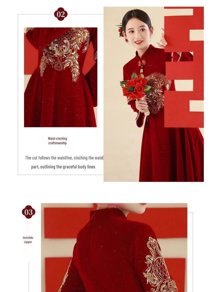 Red Wine Long-Sleeve Qipao Dress: Perfect for Weddings, Homecoming, or Engagements - A Casual Yet Elegant Chinese Autumn Bridal Gown.