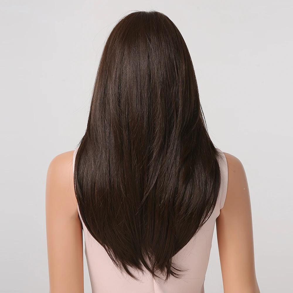 LOUIS FERRE Parrucca sintetica frontale in pizzo marrone lungo a strati 13x4x1 Parrucche in pizzo dritto marrone scuro con attaccatura naturale dei capelli Capelli finti morbidi quotidiani