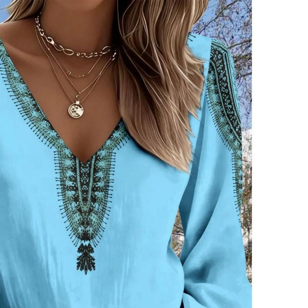 Lady's Vintage Western-style Printed Blouse, V-neck Long Sleeves, Suitable for Summer Vacations and Outdoor Gatherings
