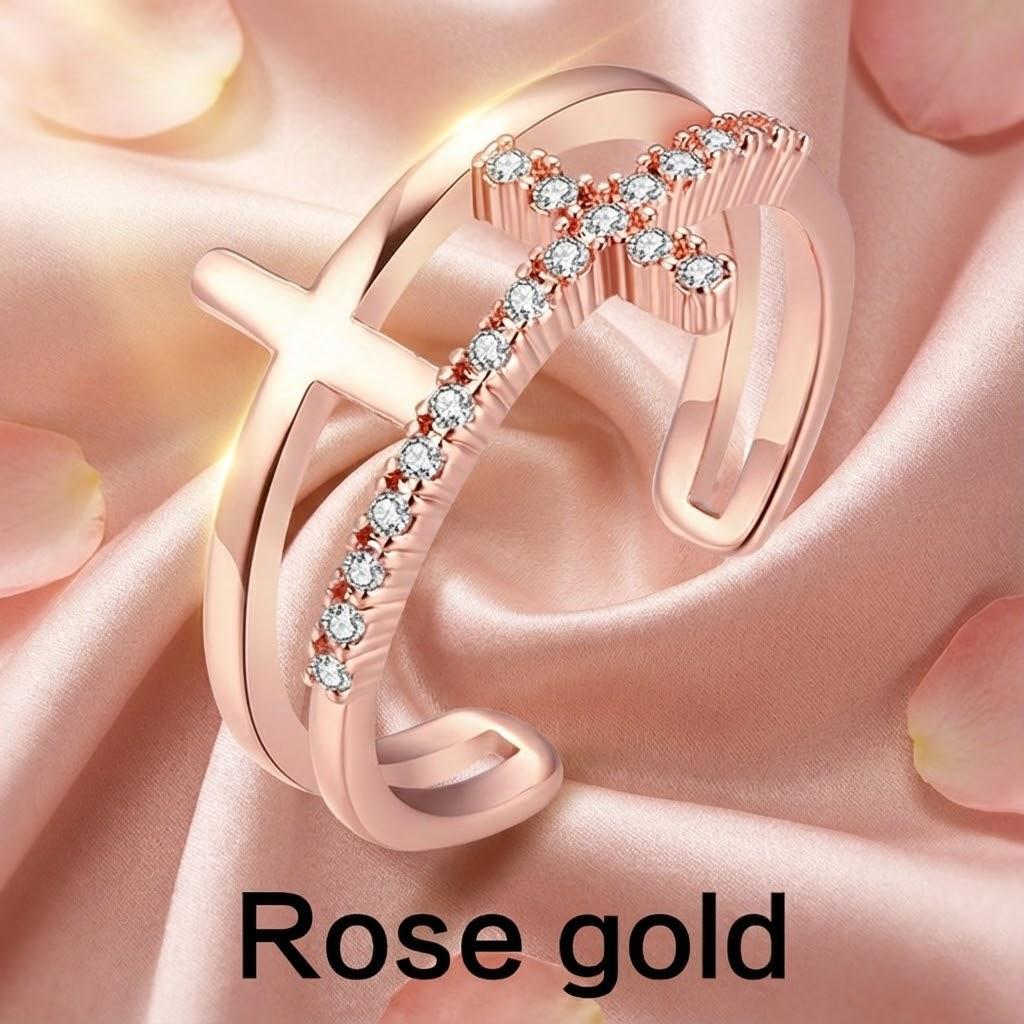 Rose Gold Cross Ring Adjustable Expandable Open Ring Women Faith Jewelry Double Cross Design Fashion Accessory