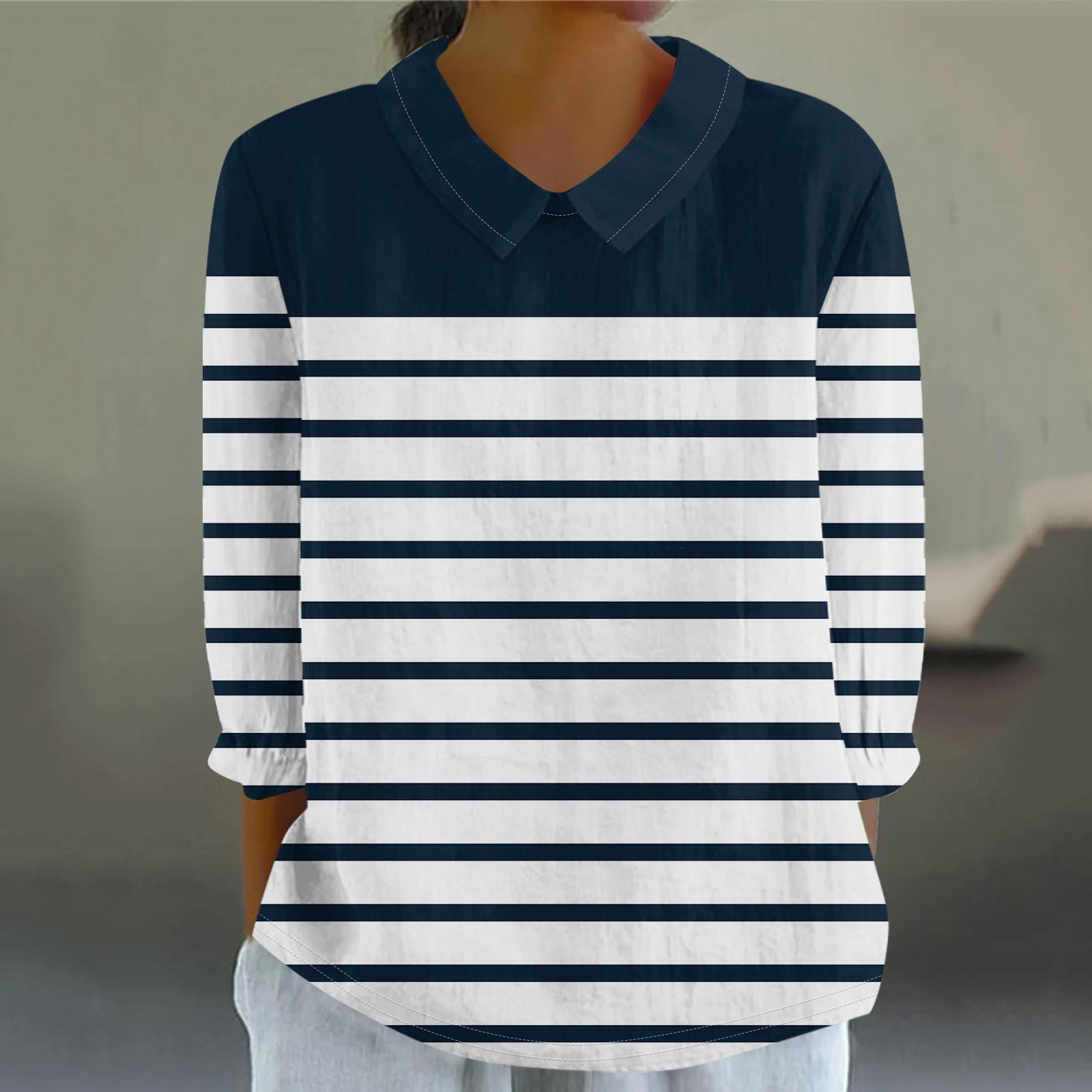 

Женская мода, свободная полосатая рубашка с воротником с семью рукавами и принтом, повседневный топ на пуговицах XXXL