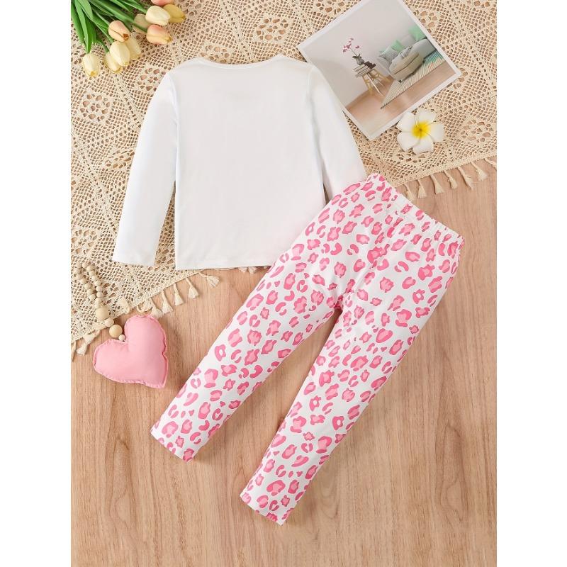 Long-Sleeve And Long-Pants Outfit for Girls | Cute Cat Design T-Shirt And Leopard Print Pants | Soft And Comfortable Set Suitable for Outdoor Wear