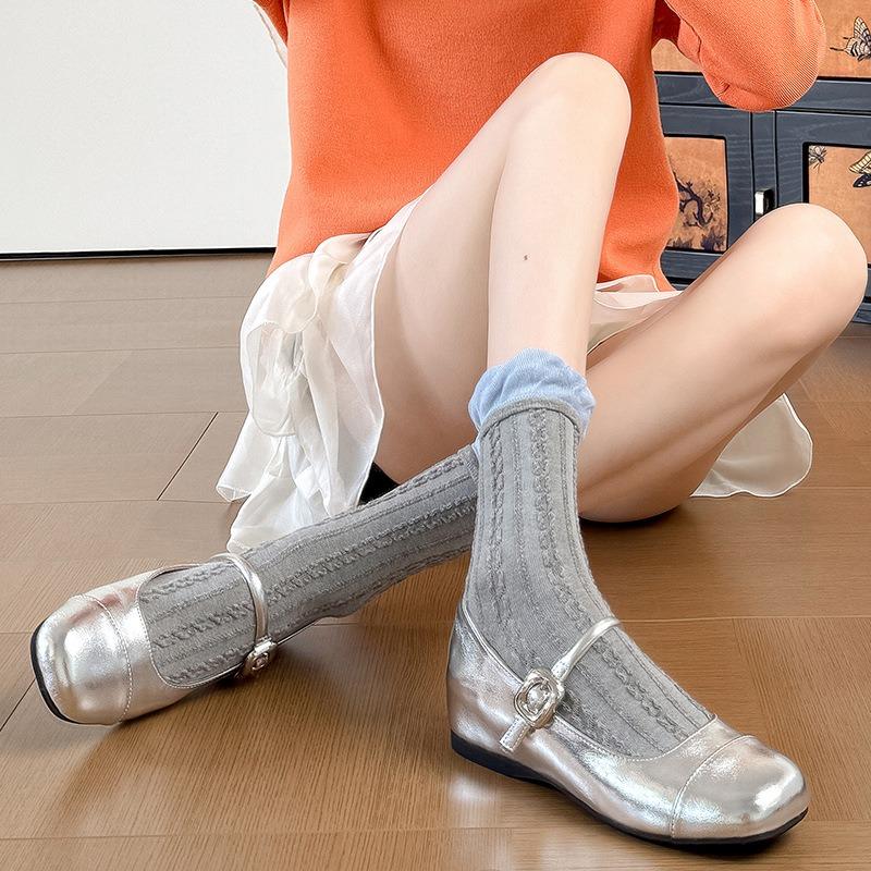 Inner heightening retro Mary Jane shoes women's spring new round head shallow mouth ballet small silver shoes wedge heel patent leather single shoes