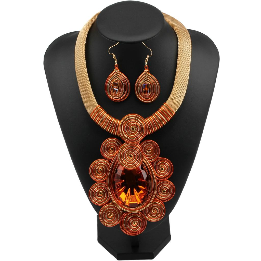 Crystal Pendant Necklace Earrings for Women Chunky Statement Flower Festival Ethnic Tribal Jewelry Accessories