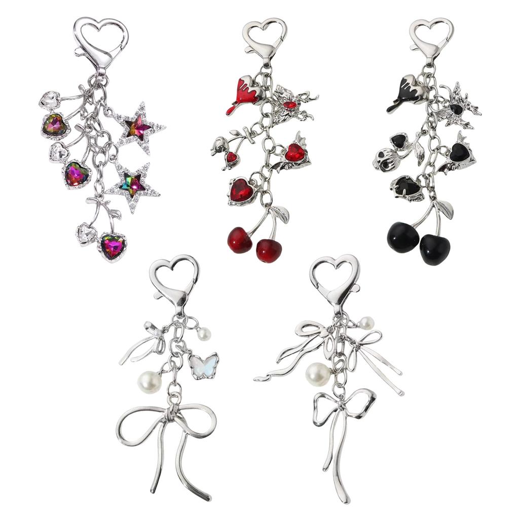 Sparkling 3D Cherry Charm Keychain Accessory Fashionable Bowknot Pearls Key Rings Portable Bag Decoration for Women