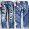 Blugi Drepți cu Talie Medie, Rupti și Peticiți, cu Imprimeu Dovleac, Streetwear de Halloween, Blugi Lungi din Denim
