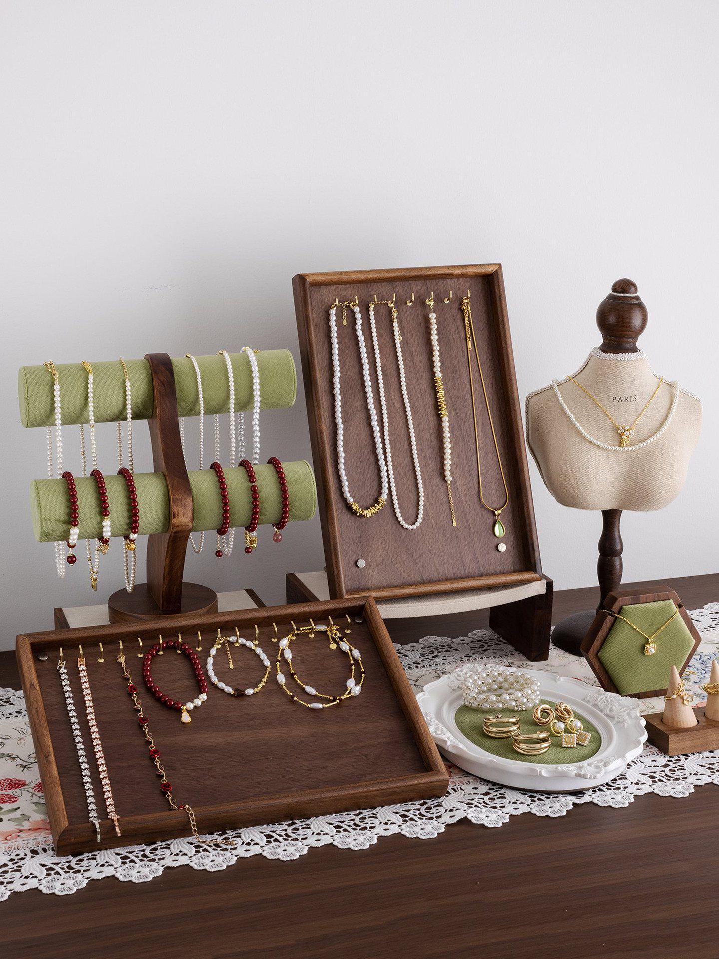 Walnut Jewelry Display Stand for Bracelets & Necklaces - Wooden Hanger & Photography Prop Walnut Wavy Bracelet Stand