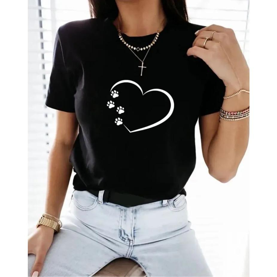 Dámské bavlněné letní tričko s krátkým rukávem a potiskem srdce, s kulatým výstřihem