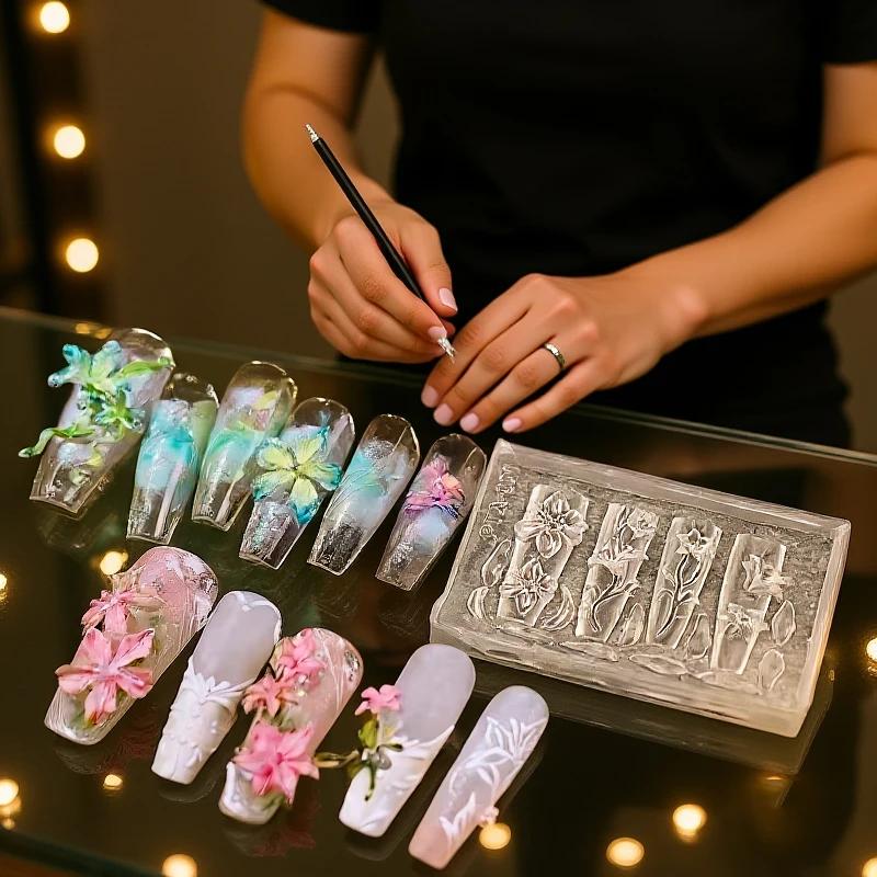 3D Form Silikon Nail Art Dekorasjoner DIY Blomsterdesign Maler Form For Negler Smykkekunst Gjennomsiktig Negleform Verktøy