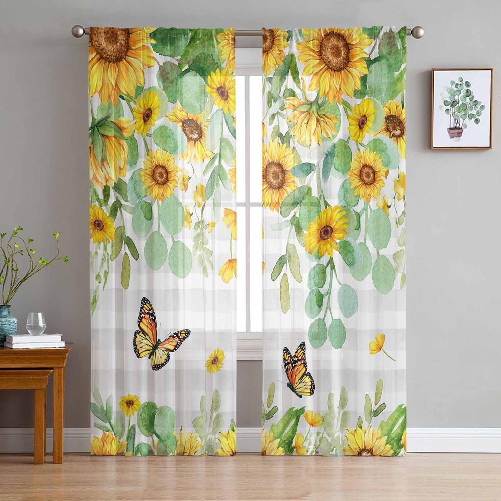 Sonnenblumenblüten Gelbe Blume Tüll Transparente Fenstervorhänge für Wohnzimmer Küche Kinder Schlafzimmer Voile Hängevorhang