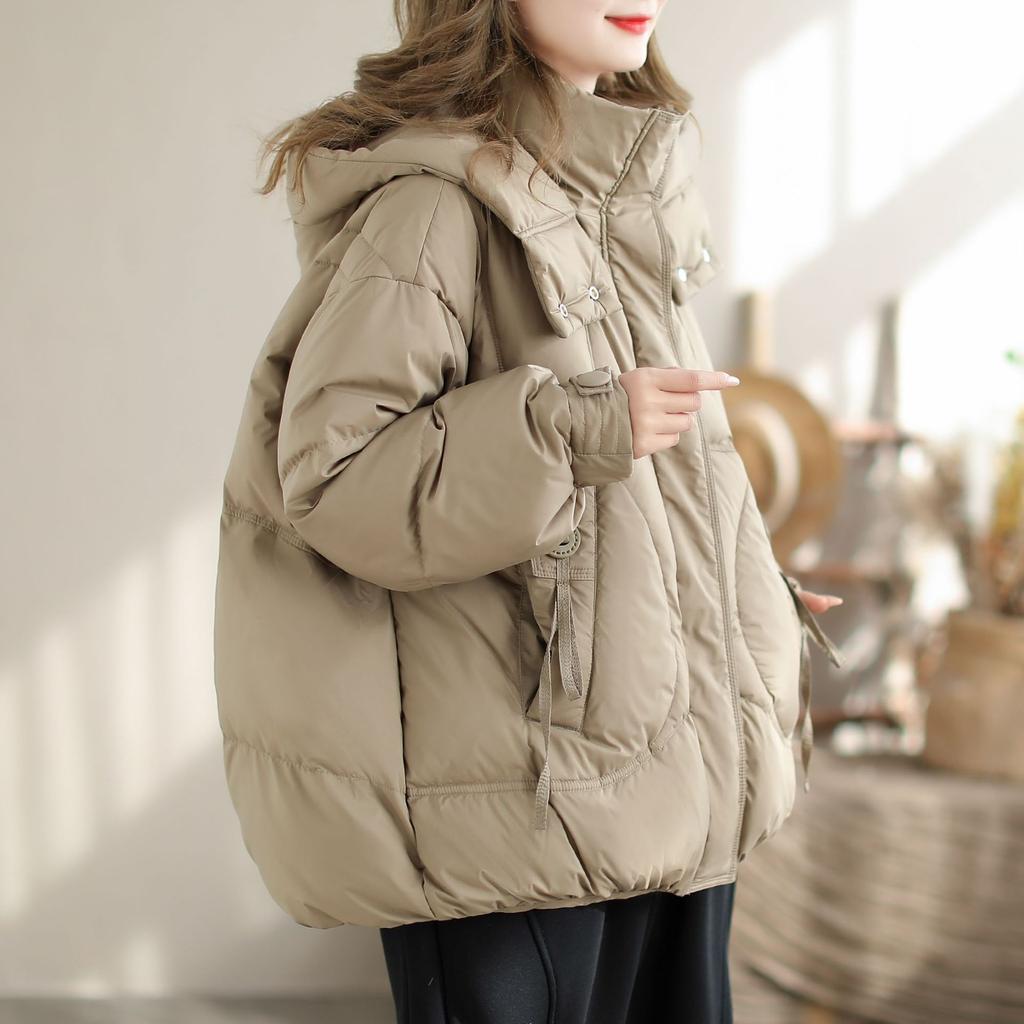 Women Down Jacket Casual Loose Autumn Winter Outwear Hood Down Short Coat