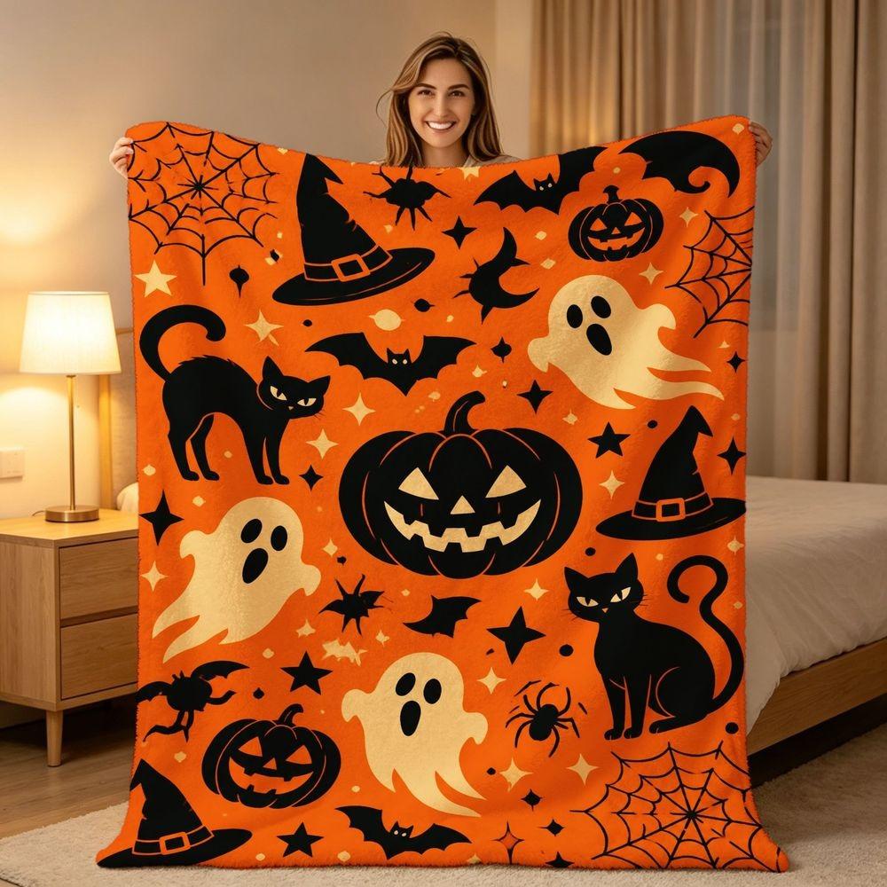 Vibrant Orange Black Cat Silhouette Throw Blanket Plush Couch Cover For Spooky Halloween Night Home Decor Gift