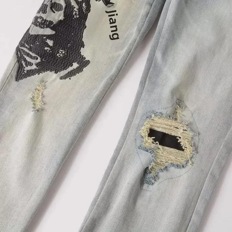 Jeansi Barbati Punk Retro Albastru Rupti Slim Stretch Skinny