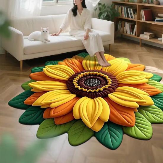Yousheng 3D Sunflower Floral Plush Rug Non-Slip Backing Easy To Clean Various Sizes Living Room Rug Home Decor