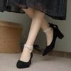French Niche with Skirt Straps Pearl High Heels Thick Heel Autumn Shu Temperament Dress Black Mid-heel Shoes