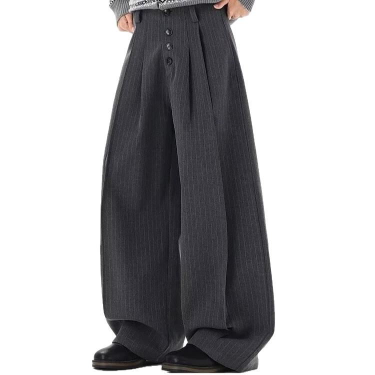 American striped straight pants men's retro long-breasted buckle versatile old money style couple casual pants