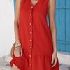 Plus Size Solid V Neck Sleeveless Ruffle Hem Dress Women Summer Button Front Sundress Female Casual Loose Short Dresses