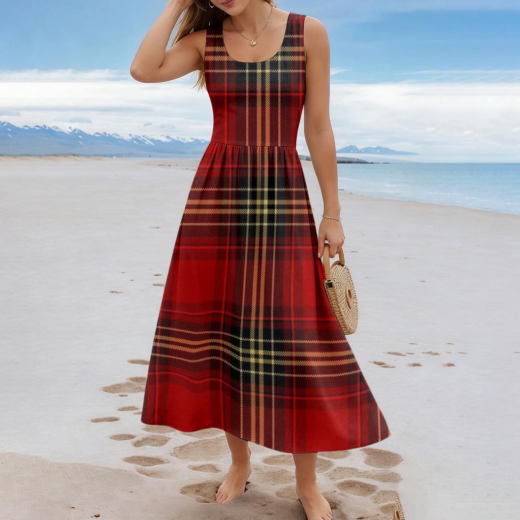 Ladies' Checkered Summer Casual and Fashionable Sleeveless Long Dress