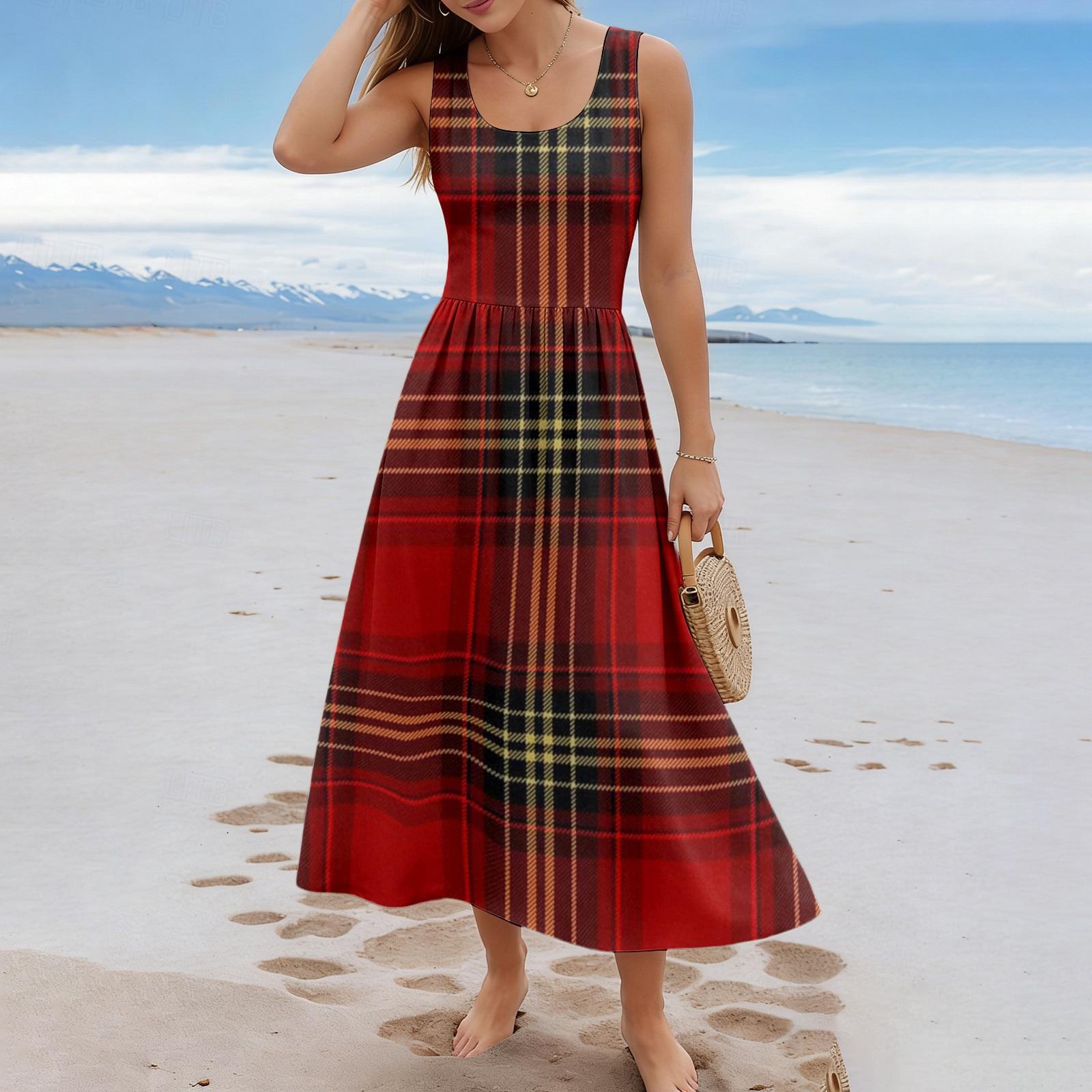 

Women Sleeveless Plaid Long Dress Casual Summer Maxi Dress Lightweight Comfortable Fit Flared Hem Dress for Daily Wear M